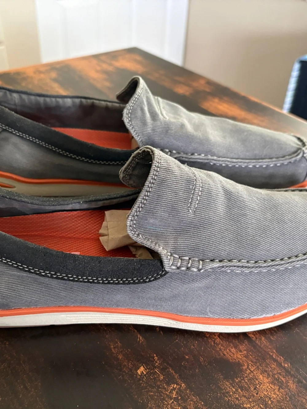 Skechers Men's Gray Canvas Slip-On Boat Shoes with Orange Accents